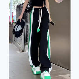 侧边条杠拼接条纹直筒裤女2022年夏季松紧腰时尚系带爱心休闲裤潮