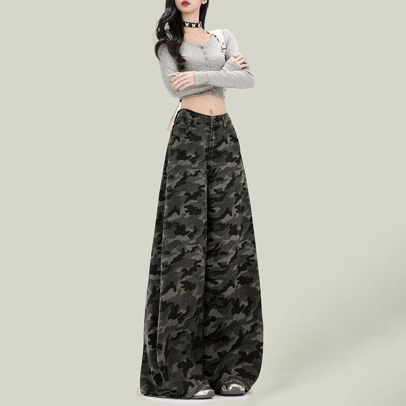 美式工装迷彩牛仔裤女2025新款高腰复古显瘦宽松垂感直筒拖地裤子|undefined