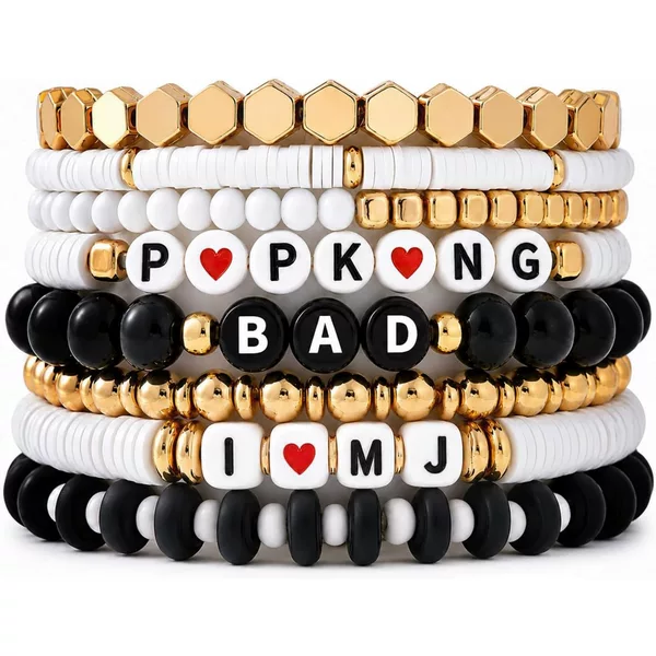 Amazon's New 8-Piece Black and White Elastic Bracelet Set with Music-Themed Letter Beads and Soft Clay Accessories