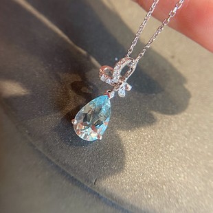 18K Diamond Bow Natural Aquamarine Necklace Light Luxury Diamond-Studded Gemstone Water Drop Pendant Wholesale Main Stone 95 Points