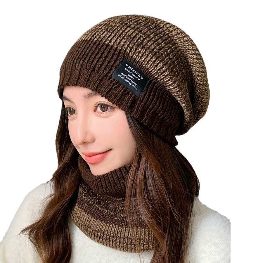 Knitted pullover hat scarf kit men's and women's winter thickened and velvet outdoor face protection two-color knitted hat_voghion.com