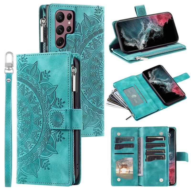 For Samsung S24ultra Multi Card Zipper Bag Mobile Phone Leather Case S23FE Mandala Embossed Card Case For Samsung S24ultra Multi Card Zipper Bag Mobile Phone Leather Case S23FE Mandala Embossed Card Case