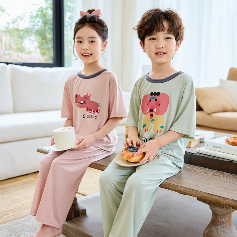 Summer New Lyocell Air-conditioning Clothing for Boys and Girls Loose Breathable Tencel Children's Short-sleeved Trousers Home Clothes suit