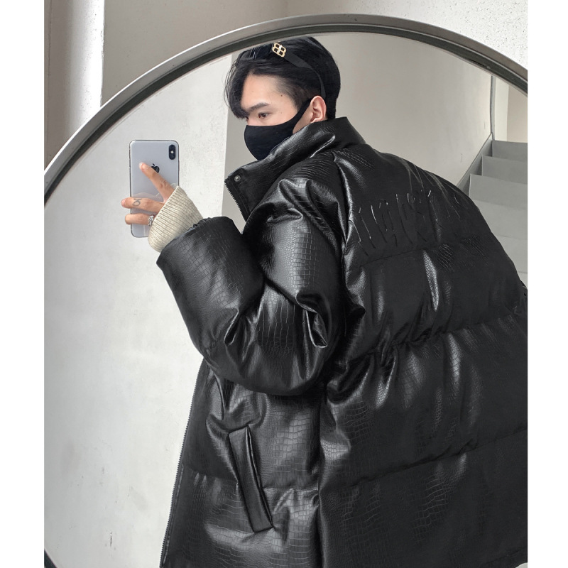 High street ruoshuai crocodile pattern leather cotton-padded clothes stand collar winter thickened bread clothes couple's plus size letter steel printed fashionable cotton-padded clothes