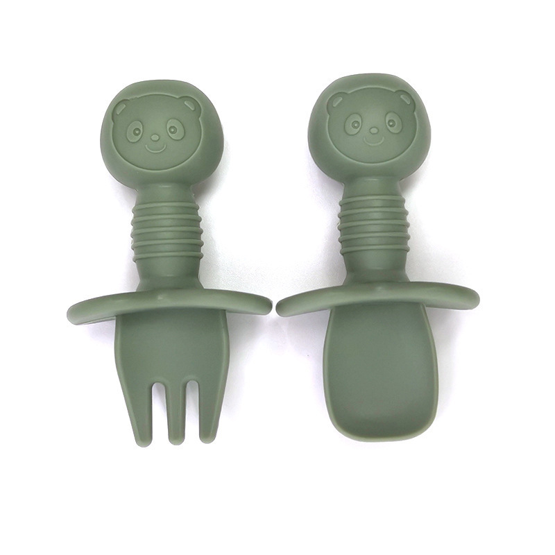 Dibujos animados Oso de silicona para niños tenedor cuchara bebé comiendo entrenamiento tenedor cuchara silicona lamiendo cuchara bebé cuchara de silicona