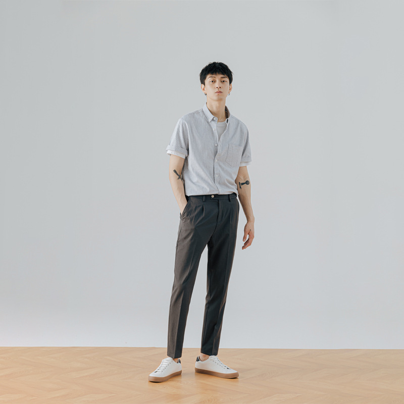 Áo sơ mi nam Oxford sọc dọc tay ngắn phong cách công sở — Phiên bản vừa vặn sọc xám ngắn tay