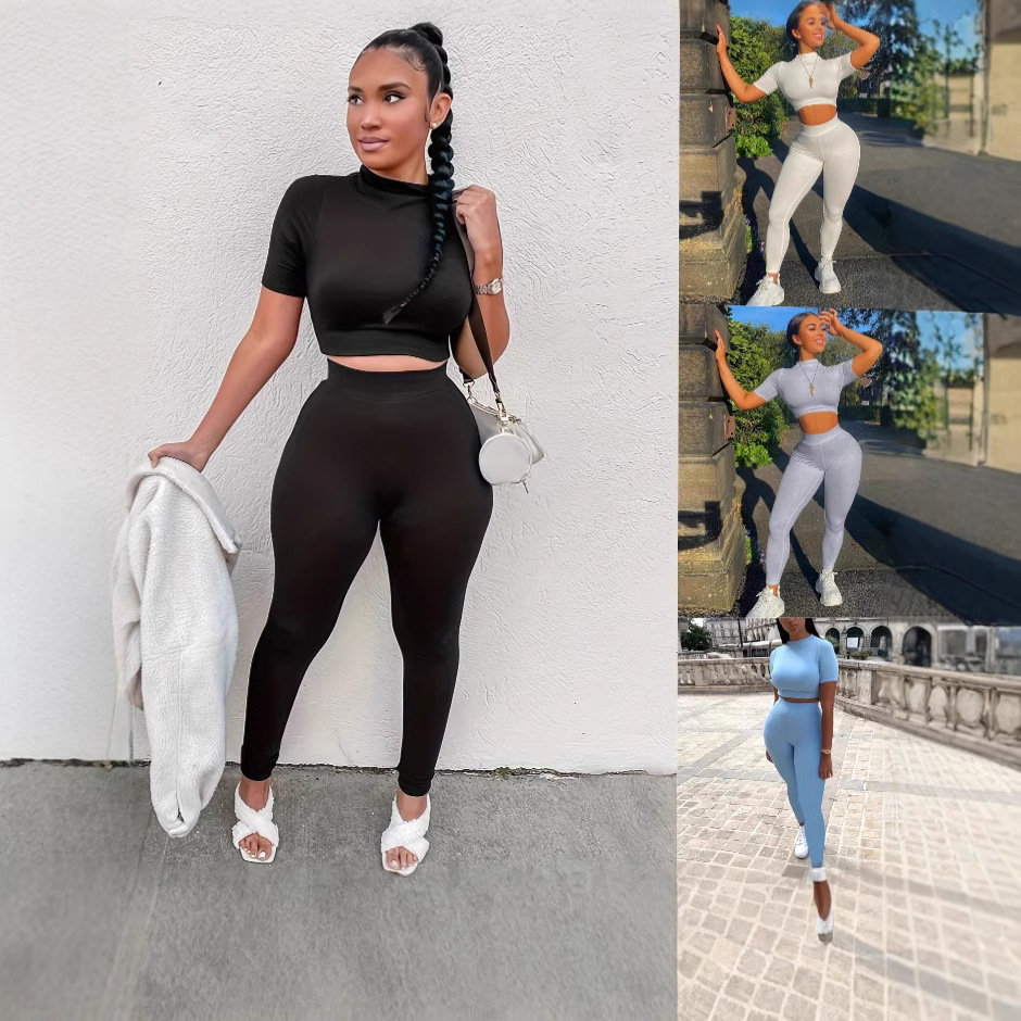유럽과 미국의 국경 여름 여성 세트 레저 스포츠 요가 피트니스 바지 투피스 세트 슬림 핏 반팔 투피스 세트