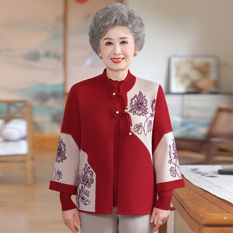 中老年人女妈妈装秋冬新中式国风外套老奶奶加绒毛衣针织两件套装|undefined
