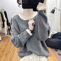 秋冬のレースの襟の厚い色合わせのニットの女性の年齢を減らしてゆったりしている上着の2024新型の丸首の底のセーター