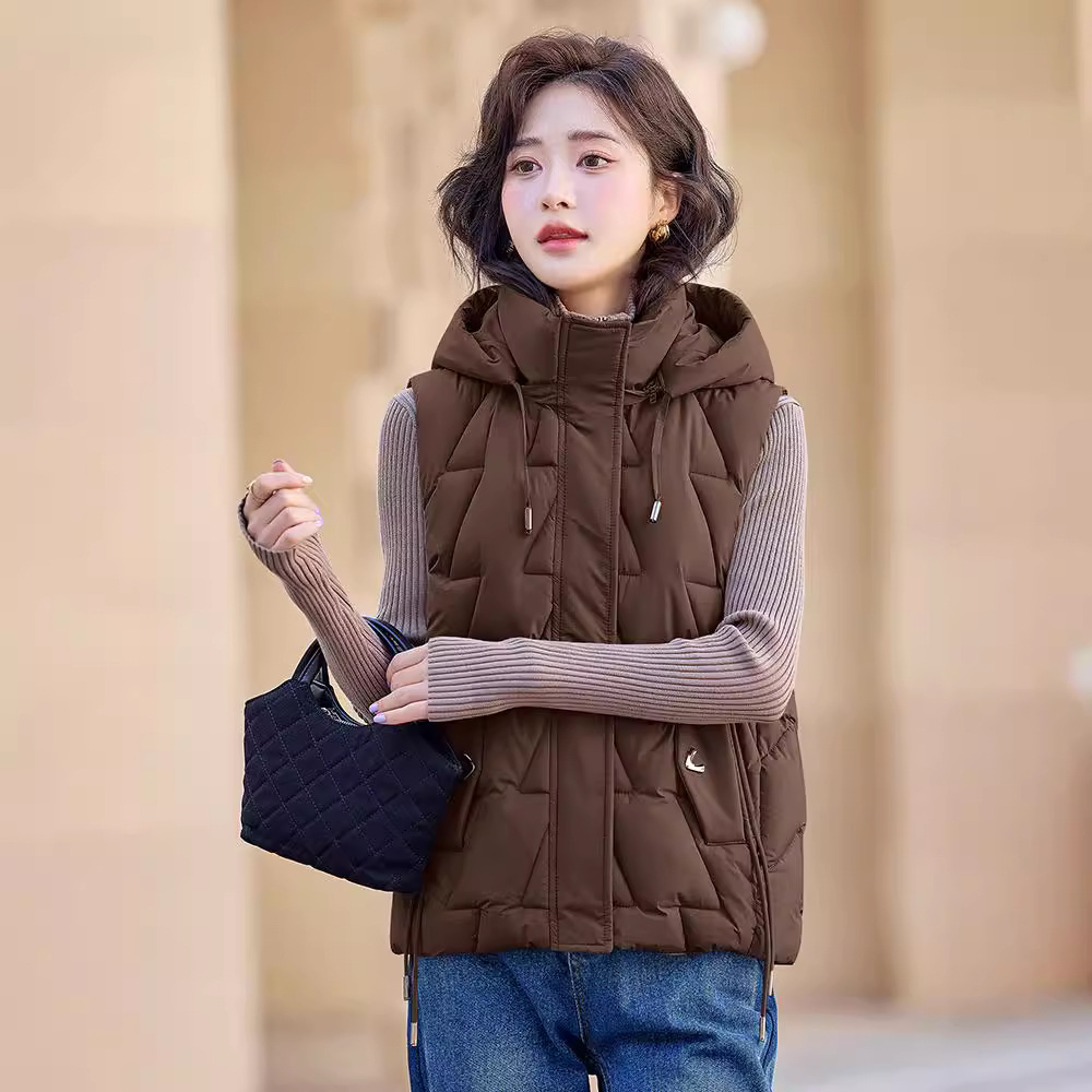 Chaleco de algodón de pluma para mujeres otoño y invierno 2024 nuevo estilo coreano con hombro encapuchado corto clip de caballo de algodón universal chaleco de abrigo