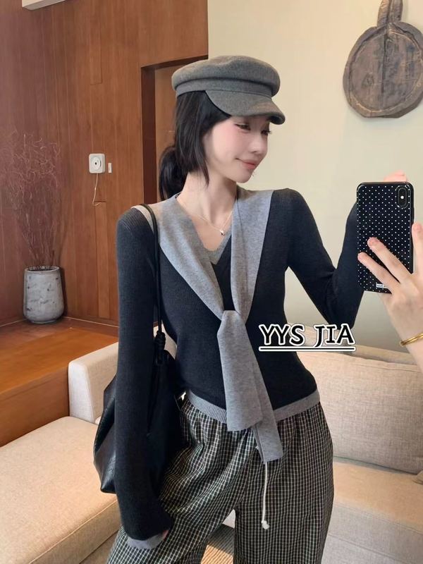 高级感撞色拼接V领针织衫女秋季新款叠穿外搭披肩长袖上衣两件套|undefined