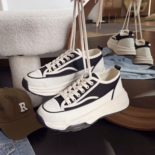 2023 New Dissolved Shoes Canvas Shoes Internet Celebrity Versatile Breathable Thick-Soled White Shoes Lace-up Comfortable Height-Up Sneakers Trend