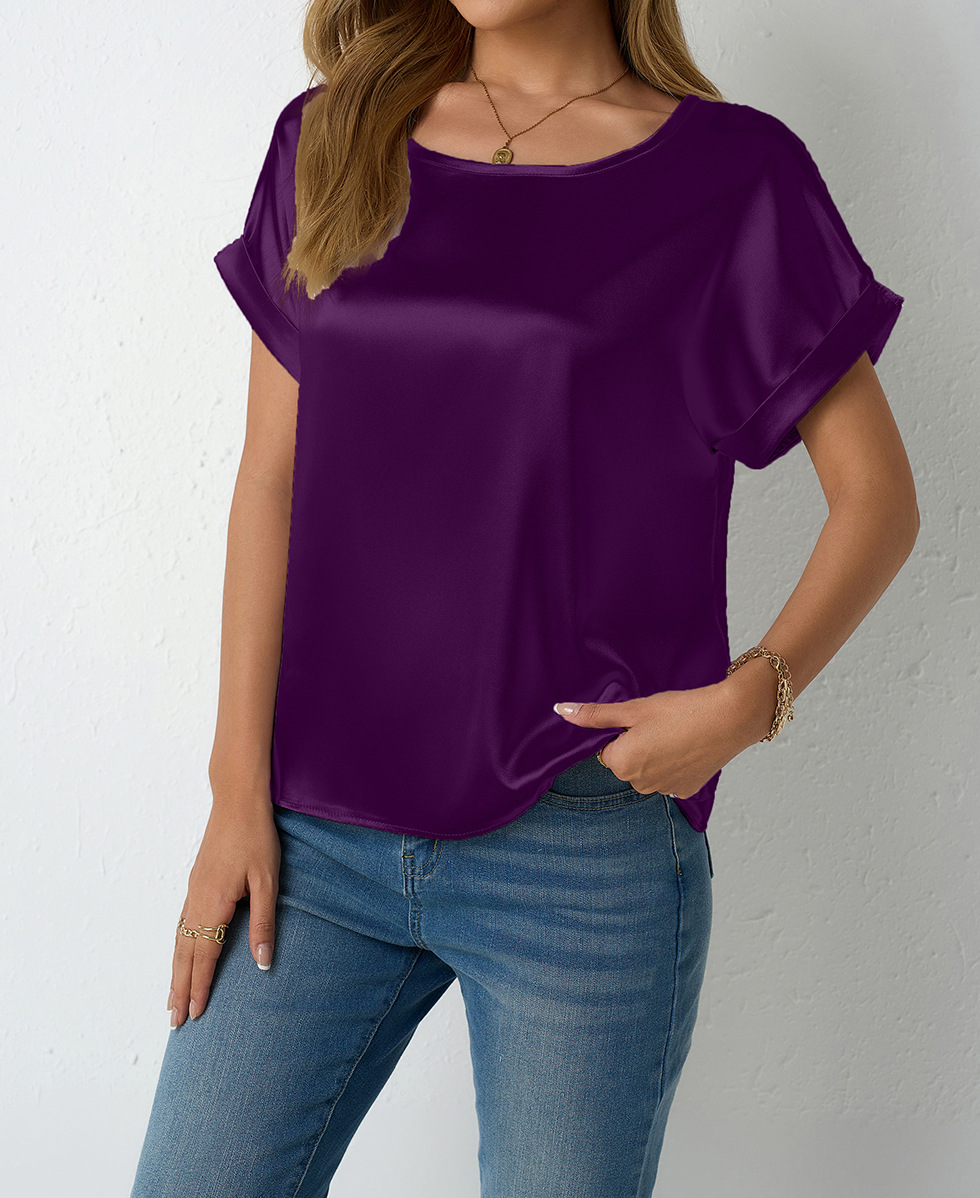 Camicia in raso da donna a maniche corte taglio morbido elegante_voghion.com