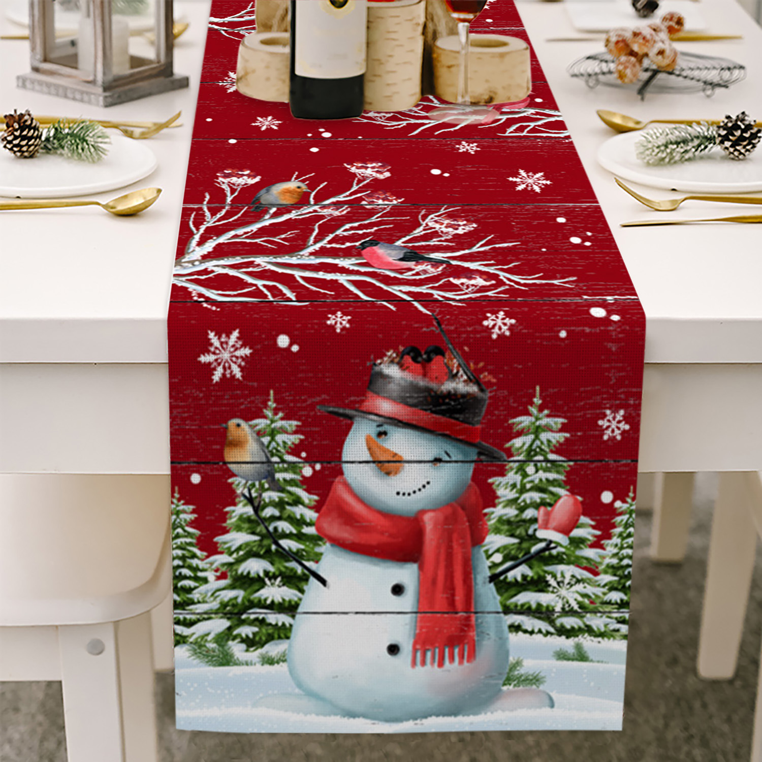 创意款红色雪人桌巾圣诞节桌旗美式轻奢婚礼派对餐桌装饰防水桌布