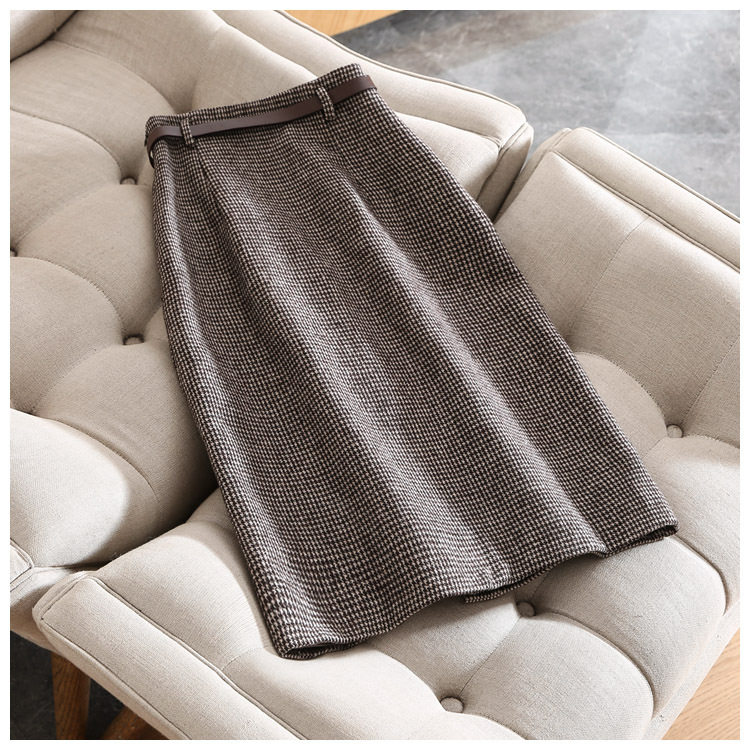 Chân váy nữ ca rô houndstooth cạp cao xẻ tà dáng ôm tôn dáng — Ca rô, Màu xám chi tiết 12