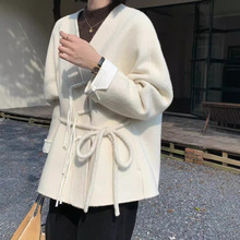 6153 高端新中式国风盘扣系带羊毛大衣女宽松显瘦纯色毛呢外套