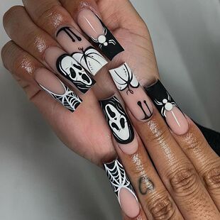 WM-100 White Spider Skull Long T False Nail Pieces Halloween Holiday Black and White Pumpkin Wearing Nail Pieces Wholesale