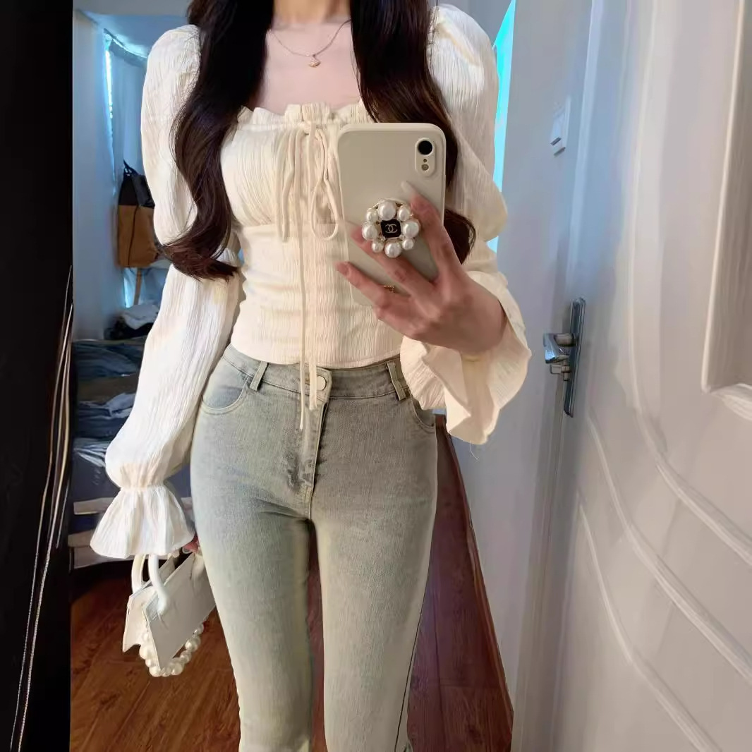 달콤한 순수한 욕망 스타일 핫 소녀 봄, 가을 흰색 원라인 칼라 슬림핏 다용도 티셔츠 퍼프 슬리브 쇼트 탑