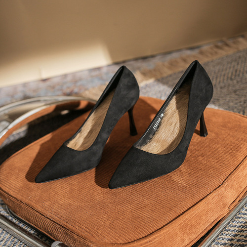 20308 Korean style sexy high heels for women, stiletto heel, pointed toe, fashionable women's shoes, shallow black work shoes for women