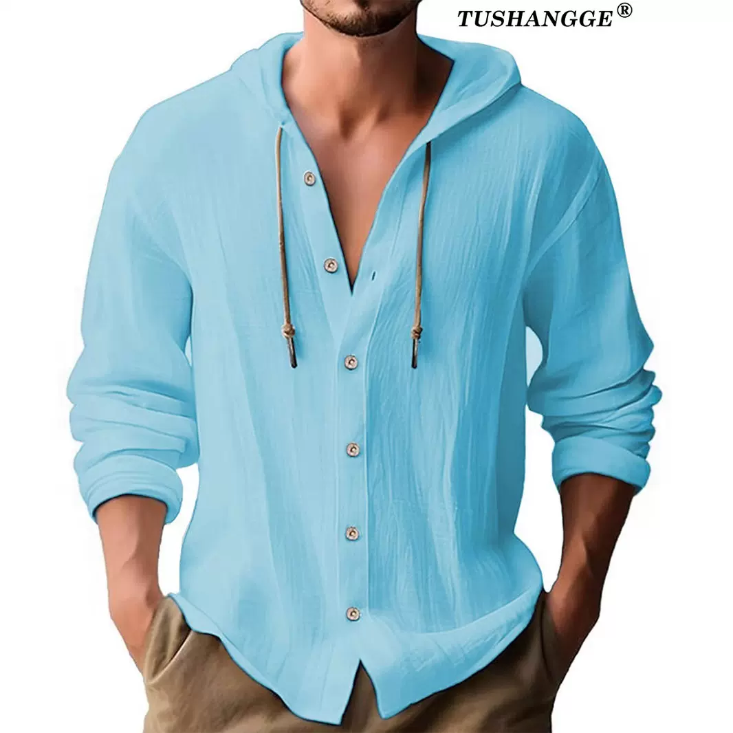 跨境速卖通2025新款春夏男士连帽T恤衫纯色棉麻男士休闲长袖上衣