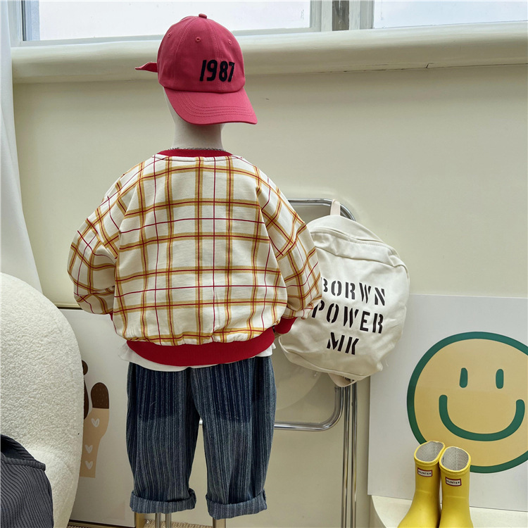 Felpa con cappuccio a quadri stampata per bambini 2024, un nuovo prodotto autunnale dalla Corea del Sud, con scollo rotondo dai colori vivaci_voghion.com