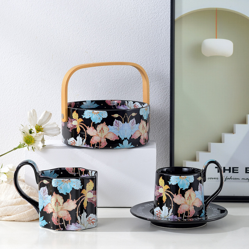 原創中古風鳶尾花陶瓷咖啡杯碟馬克杯水果提籃早餐杯漱口杯八角杯