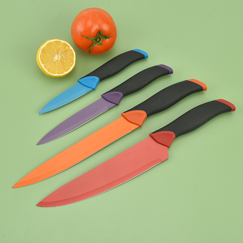Venta al por mayor en stock COLOR DE ACERO INOXIDABLE cuchillo de seis piezas traje de moldeo por inyección secundaria con melón cepilladora color caja de regalo Cocina