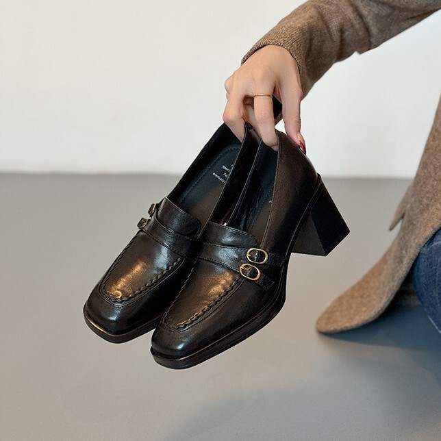 Cowhide Version~British Square-Toe Chunky Heel Slip-On Shallow Work Shoes Genuine Leather Retro Small Leather Shoes 2026 Women's Cowhide Version~British Square-Toe Chunky Heel Slip-On Shallow Work Shoes Genuine Leather Retro Small Leather Shoes 2026 Women's
