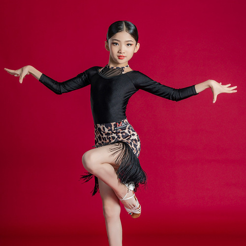 Girls latin dance dresses black leopard fringe latin ballroom dance costumes children game suits skirts Latin dance acrobatics clothing girls performance