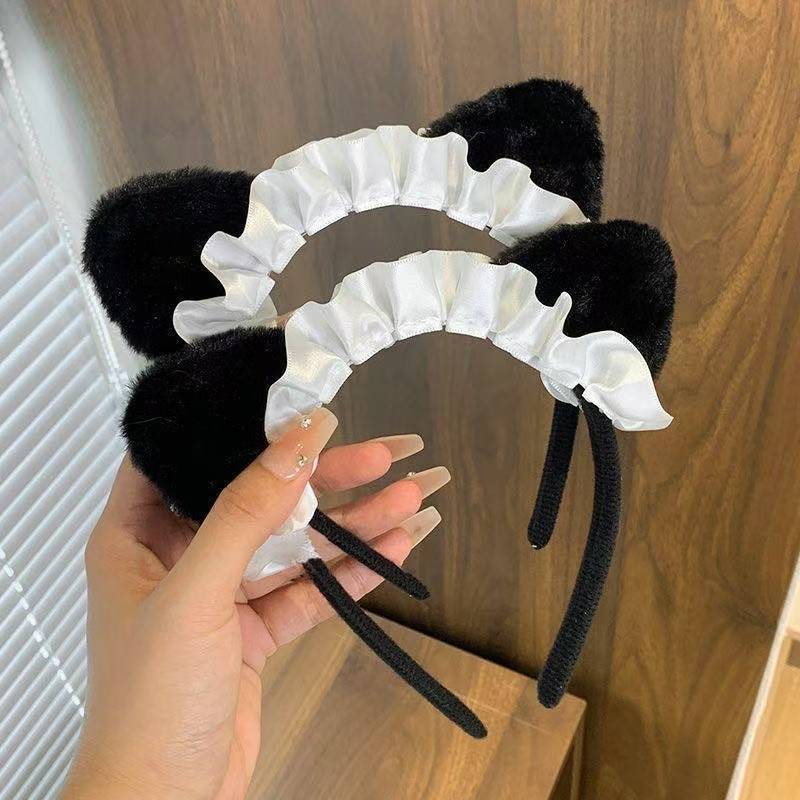 Cute Lolita Cat Ear Headband for Women, Plush Cat Girl Cosplay Hairband, White Maid Animal Ear Headwear — detail image 3