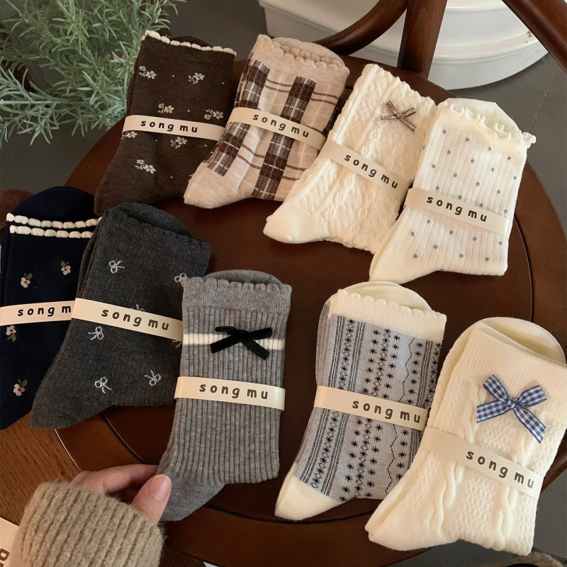 Songmu Socks Women's Mid-Calf Socks Spring & Fall Cotton Socks Pile Socks with Small Leather Shoes Cute Loafers Sweet Ins