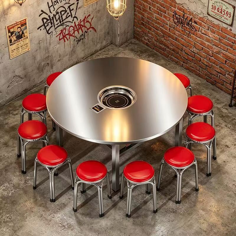 Thickened stainless steel hot pot table, commercial-grade, suitable for street vending, built-in barbecue table, large outdoor table, no assembly required, foldable round table