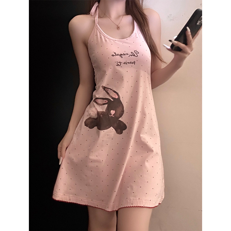 韩系甜美粉色波点兔子挂脖吊带睡裙女夏季大码带胸垫家居服连衣裙