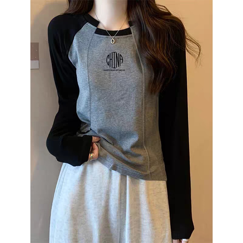 Pure Cotton Long-Sleeved T-Shirt for Women 2025 Autumn and Winter New Style with Raglan Sleeve Top with Contrasting Color Design and Splicing Bottoming Shirt