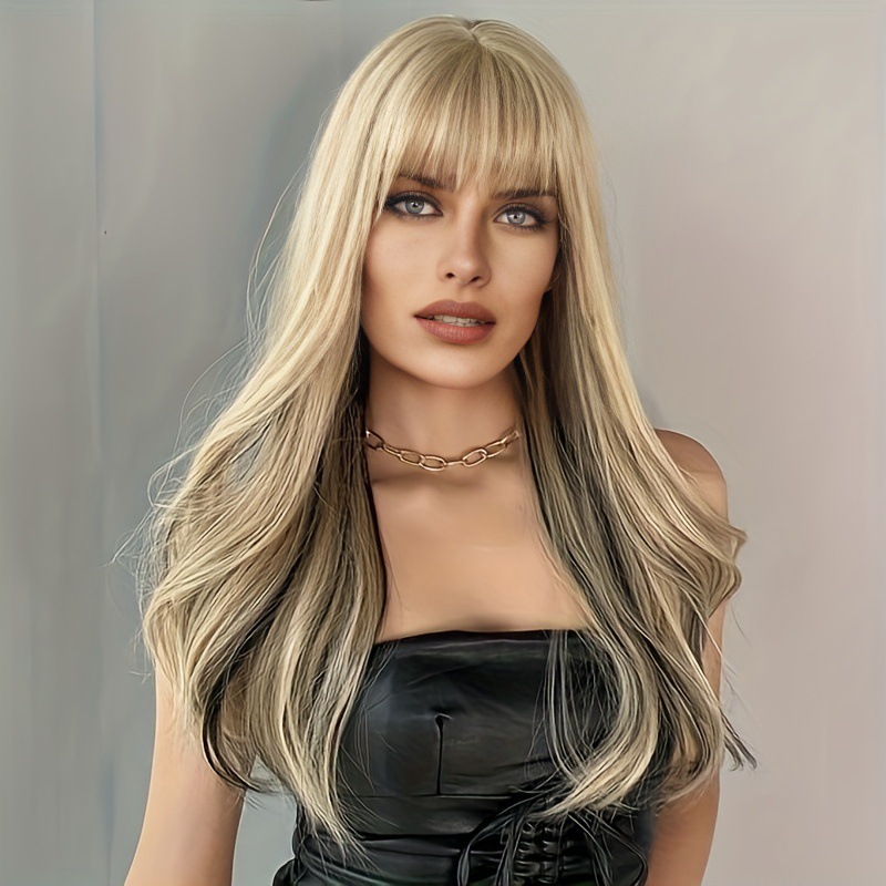 Wig long wavy curly black blonde highlights synthetic mixed wig with fluffy bangs suitable for ladies Daily