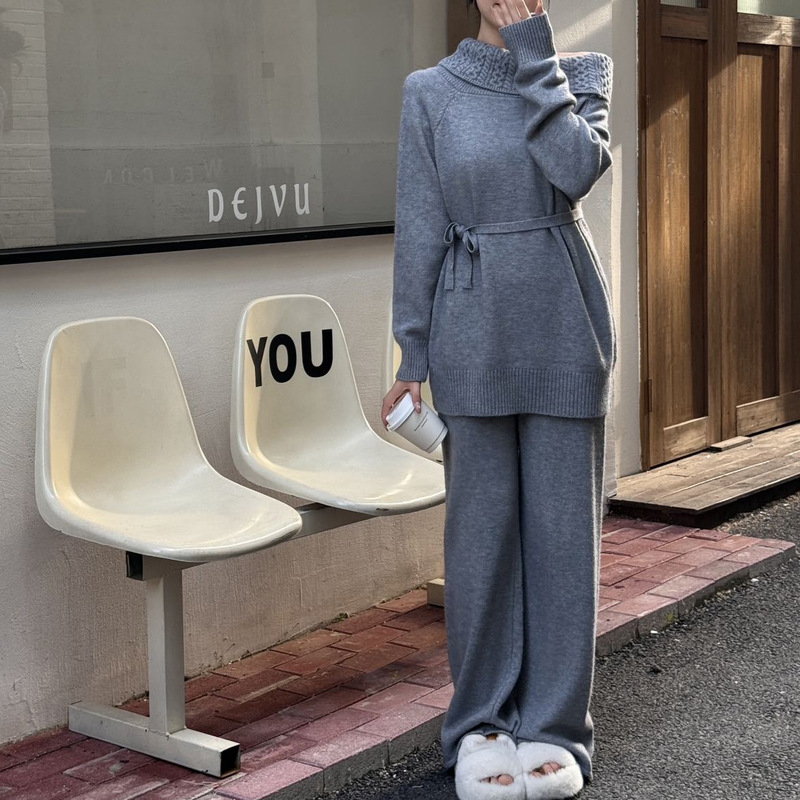 时尚气质高级感女士两件套秋冬新款一字肩麻花上衣宽松阔腿裤套装|undefined