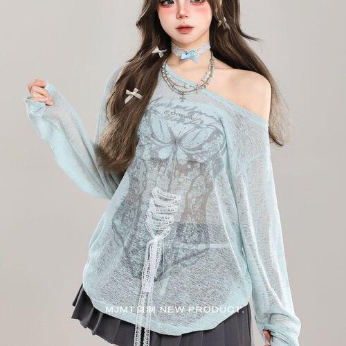 Summer pure desire graffiti hot girl printed blouse, long-sleeved sunscreen design, loose lazy shirt, women's new blouse, hot fashion