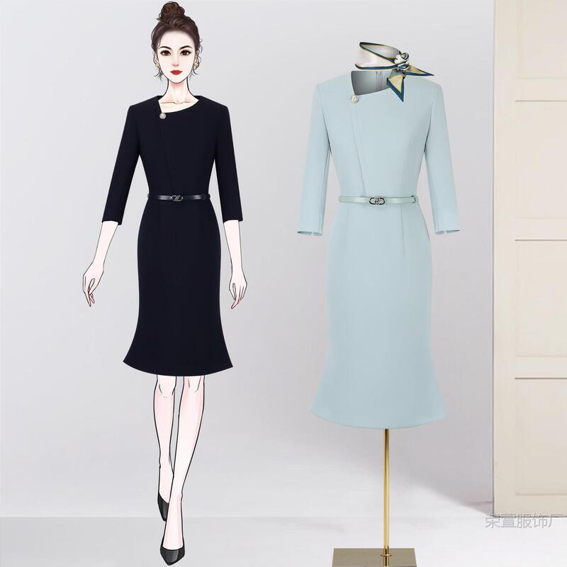 Professional Dress for Women, High-End Style, Three-Quarter Sleeves, Formal Attire, Hotel Front Desk Reception Work Uniform, Light Business Fishtail Skirt Professional Dress for Women, High-End Style, Three-Quarter Sleeves, Formal Attire, Hotel Front Desk Reception Work Uniform, Light Business Fishtail Skirt