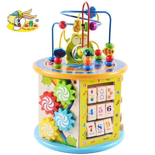 Children's wooden six-sided multi-functional educational large bead treasure box infant and toddler early education intelligence development parent-child toy