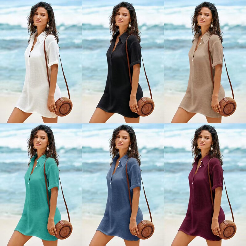 Amazon Shein Cross-Border 2026 European and American New Women's Fashion Casual Loose Semi-Transparent Pure Color Button-Up Shirt Amazon Shein Cross-Border 2026 European and American New Women's Fashion Casual Loose Semi-Transparent Pure Color Button-Up Shirt