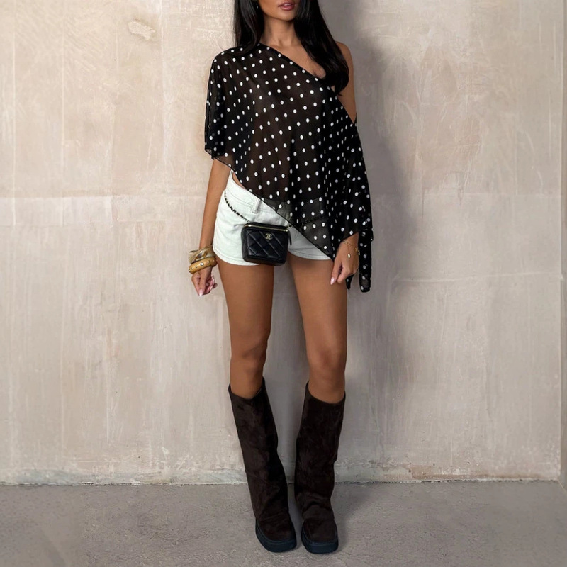 2026 European and American style cross-border spring-summer new women's clothing sexy mesh see-through polka dot cape blouse top