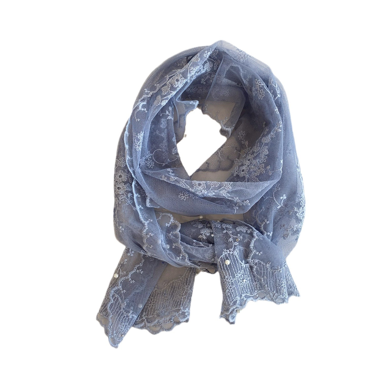 Écharpe comprida de seda com bordado de renda e pérolas_voghion.com