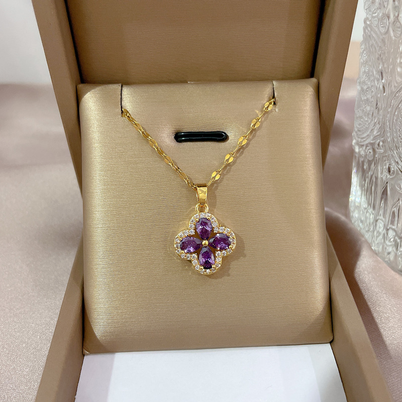 Fashion New Micro Inlaid Zircon Amethyst Four-leaf Pendant Titanium Steel Clavicle Chain Necklace display picture 1