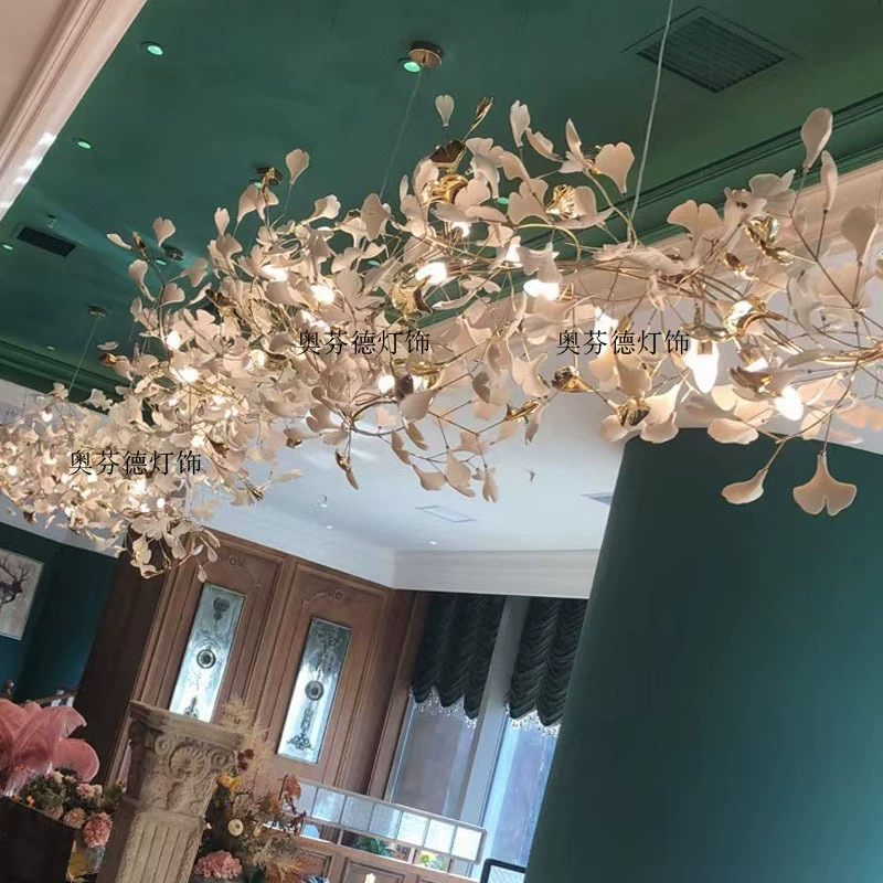 Люстра в стиле лайт-люкс для гостиной и столовой, дизайнерская ветка гинкго, стильная лампа для бара, лестничной клетки, салона красоты, декоративный светильник