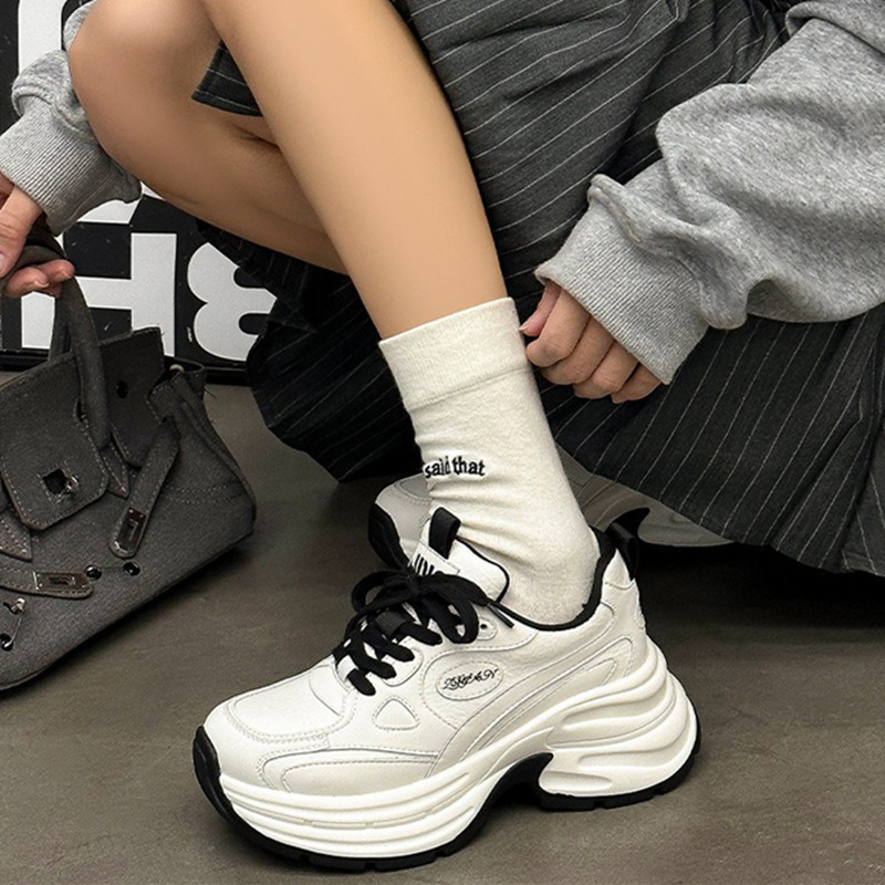Thick-Soled Height-Increasing Daddy Shoes for Women 2025 Spring Non-Slip Wear-Resistant Genuine Leather Soft and Comfortable Casual Sports Shoes for Small People
