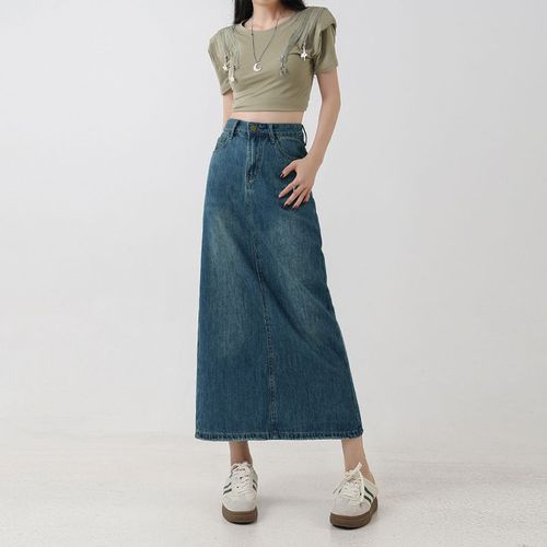 Half-length Vintage Blue High-Waist A-Line Denim Skirt for Women, Trendy and Slimming, 2025 Summer Collection
