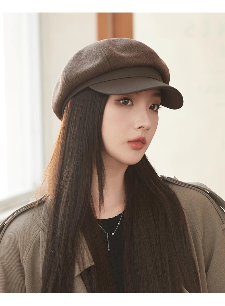 Cappello unisex alla moda in pelle con patchwork ottagonale da donna autunno-inverno vintage nero grande testa rotonda mostra viso piccolo cappello_voghion.com