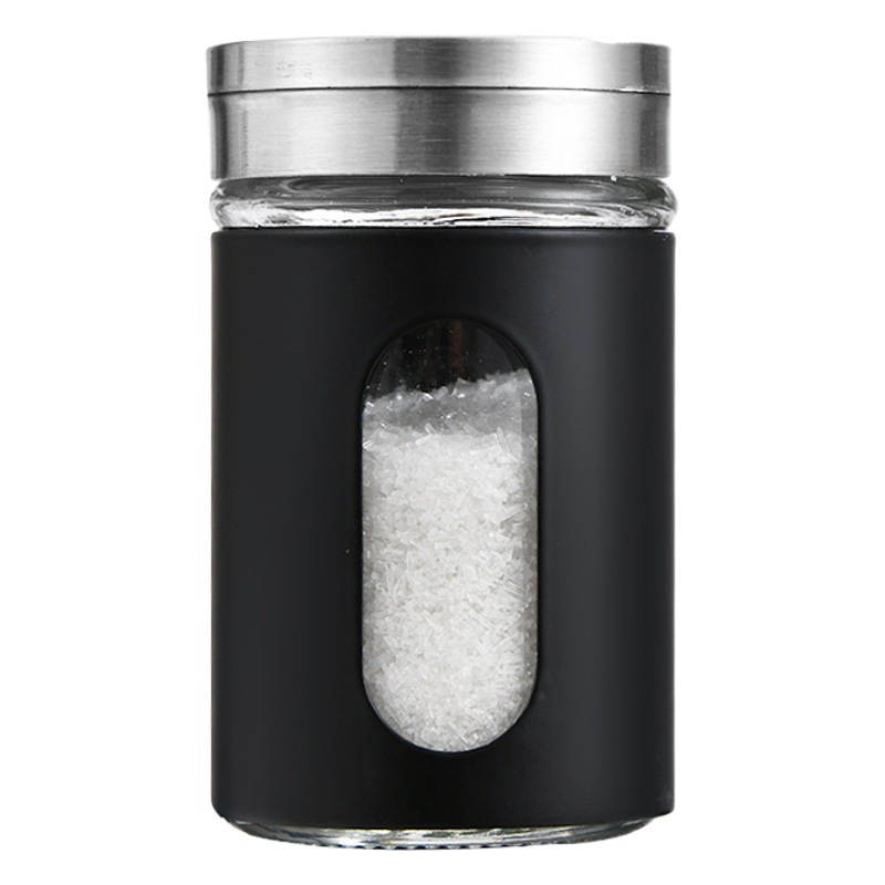 Venta al por mayor botella de condimento giratoria frasco de pimienta de vidrio con agujero palillo de dientes herramienta de barbacoa cocina frasco de condimento de acero inoxidable