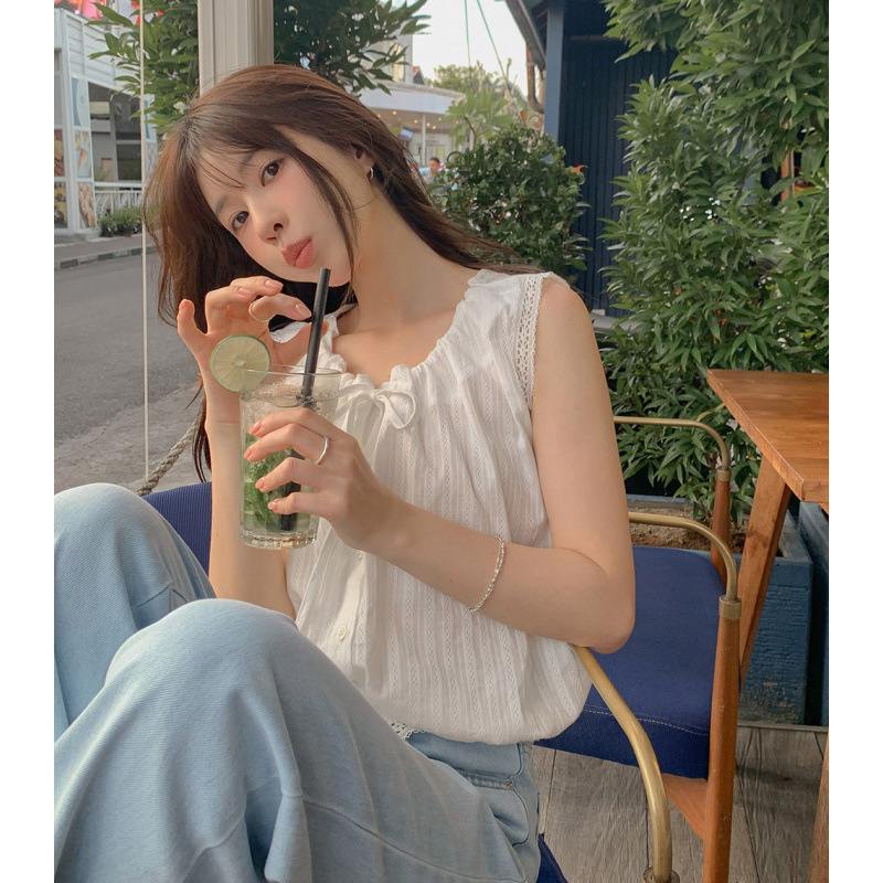 Korean Summer New Style Energetic Girl Versatile Collar Sleeveless Splicing Lace Lace Chic Top for Women