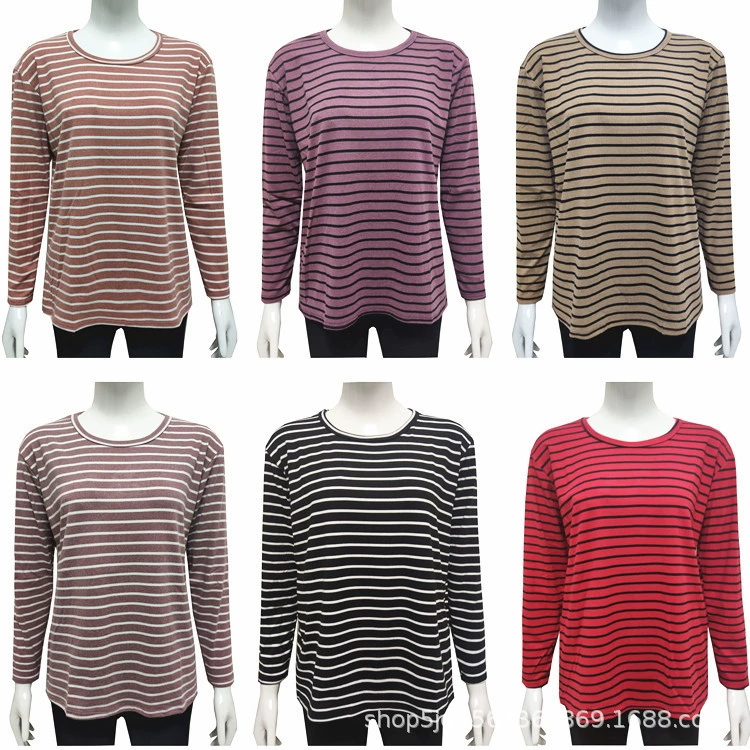 Весенне-осенняя одежда для мам среднего и пожилого возраста, полосатая свободная женская осенняя одежда большого размера с длинными рукавами, немецкая бархатная повседневная рубашка с круглым вырезом, оптовая продажа